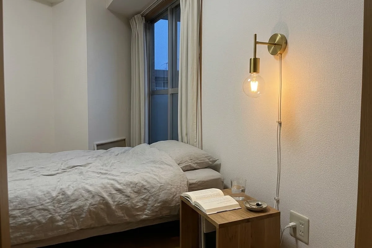 賃貸の寝室。ベッドの脇の白い壁に真鍮の腕と透明な丸い電球のブラケットライトが1灯あり、コードが壁を伝って下のコンセントへ下りている