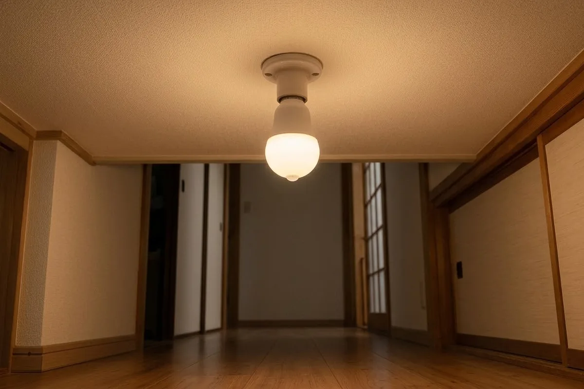 廊下の天井のソケットに付けたセンサー付きのLED電球。先端の小さな出っ張りが下を向いて灯っている