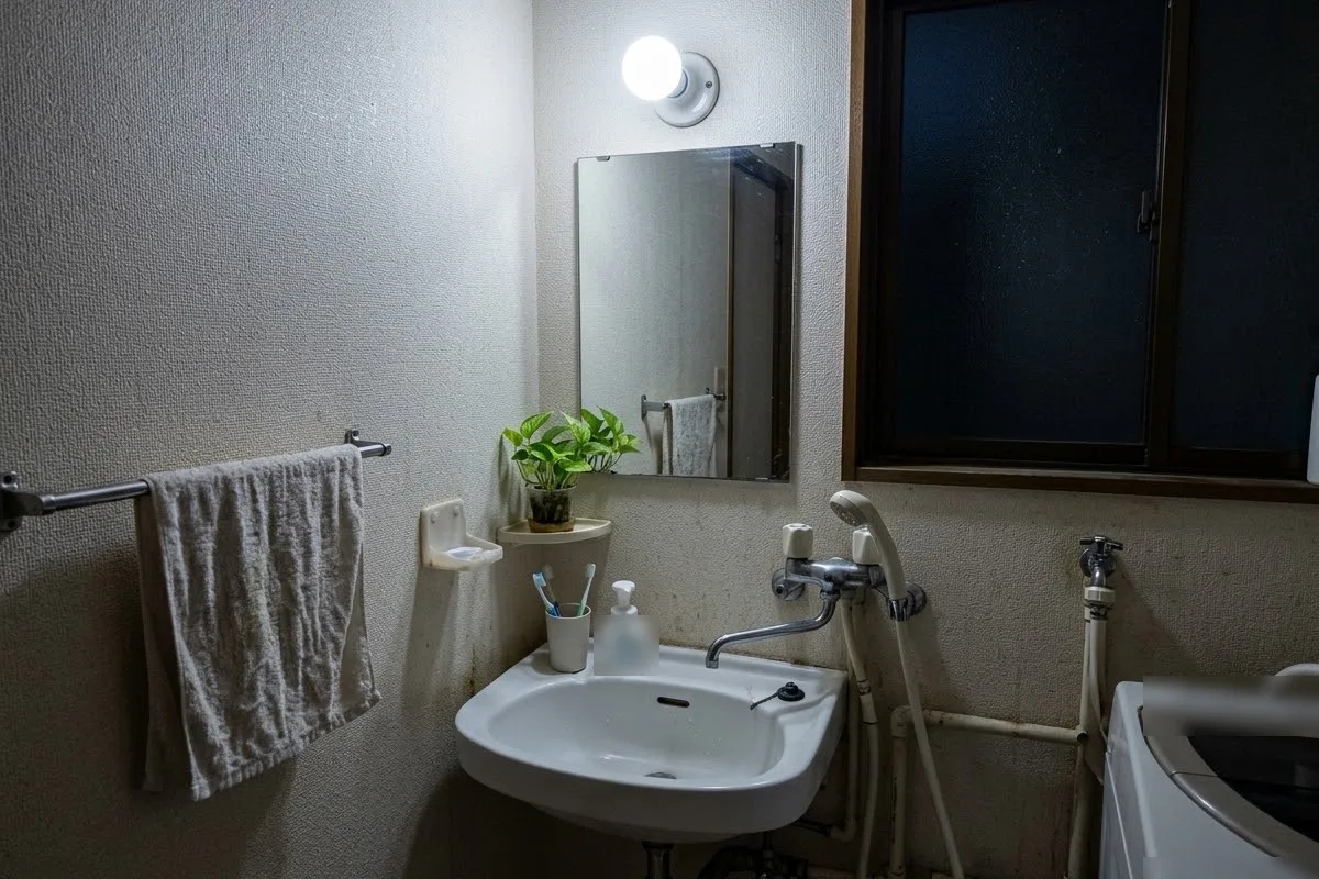 夜の小さな洗面所。四角い鏡の上の白い壁のソケットに、むき出しの白い電球が1つ点き、洗面台とタオル掛けを照らしている
