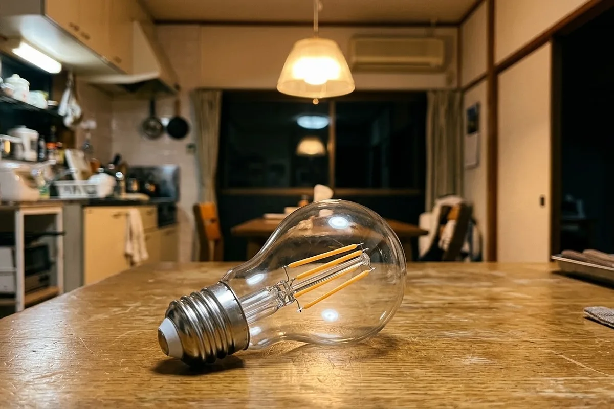 夜の食卓に横にして置いたLEDフィラメント電球。手前に根元の銀色のねじの部分（口金）が写り、奥にペンダントライトの灯る部屋がぼやけている