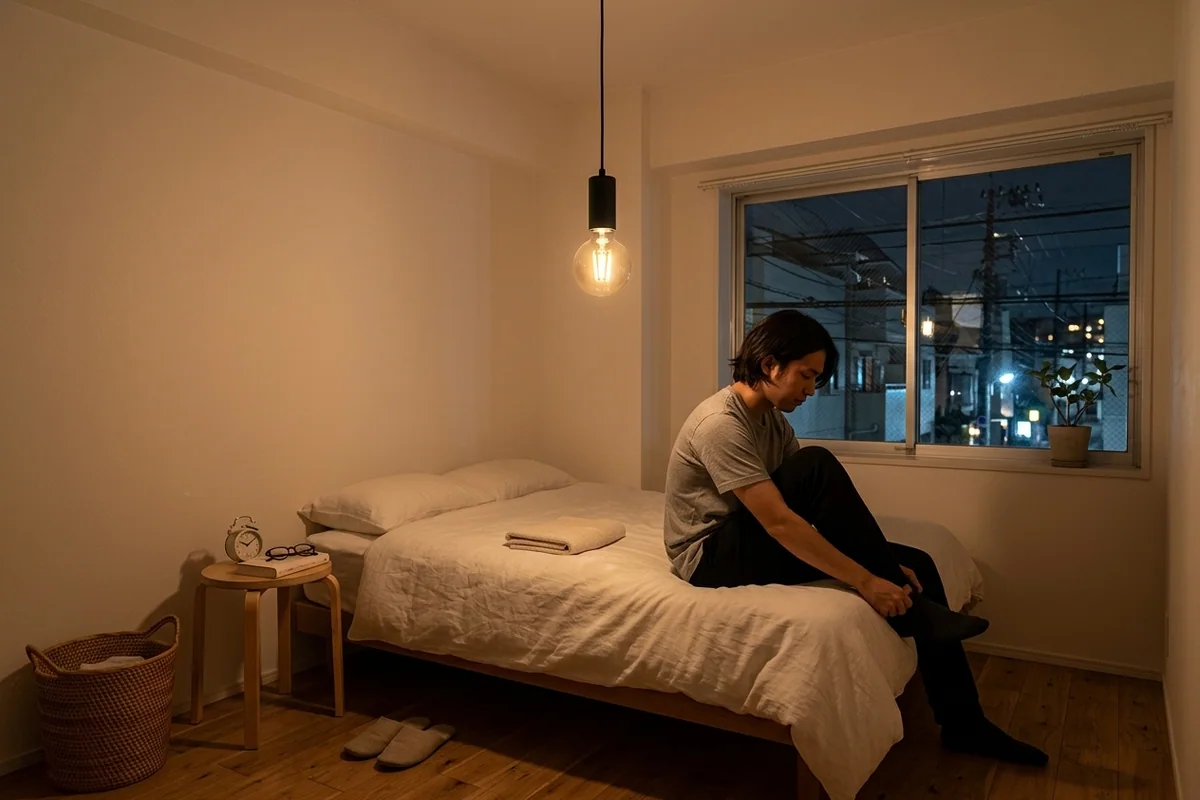 同じ部屋の寝室の天井から下がる、黒いソケットに透明な丸いフィラメント電球ひとつ。グレーのTシャツの男性がベッドの端で靴下を脱いでいる、丸いスツールに文庫本と眼鏡と目覚まし時計