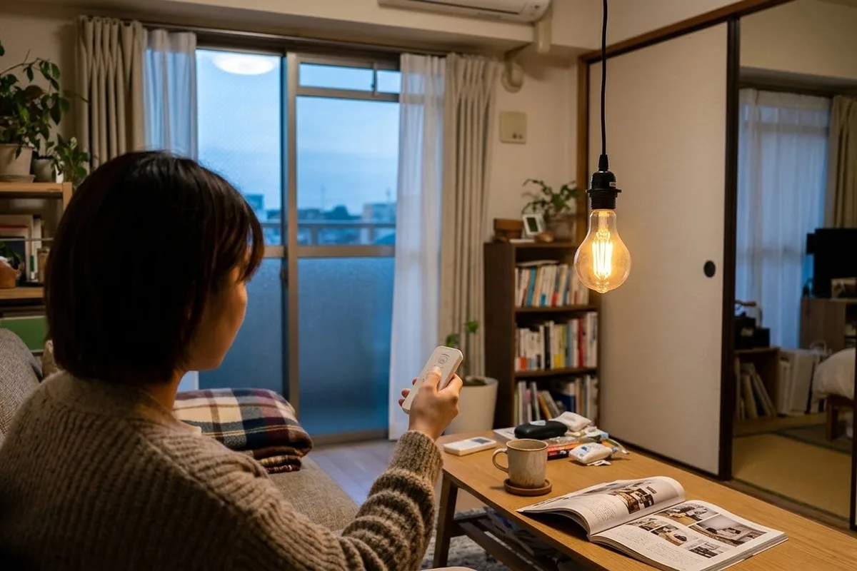 夕方の部屋で、ソファに座った人が白いリモコンを天井から下がった電球に向けている。電球はガラスの中に線が見えるLED電球