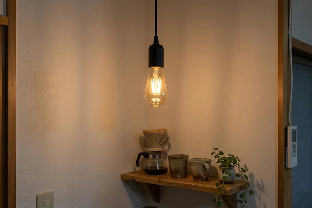 夕方の部屋の角。傘の無いソケットに琥珀色のガラスのフィラメント電球が1灯ともり、中の線が光って見える。下の木の棚にコーヒーの道具と湯のみ
