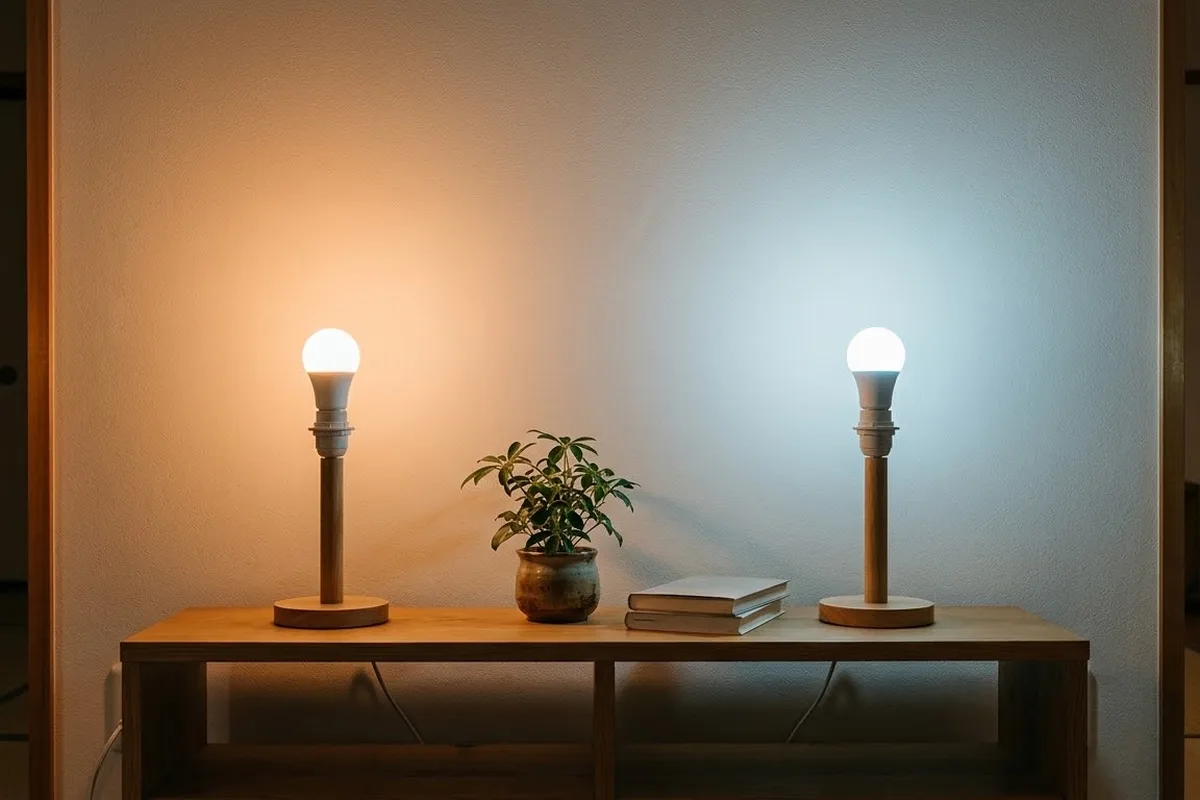 白い壁の前の木の棚に、同じ形の電球が2灯。左はオレンジ寄りの光、右は青白い光で、壁の色が左右で違って見える