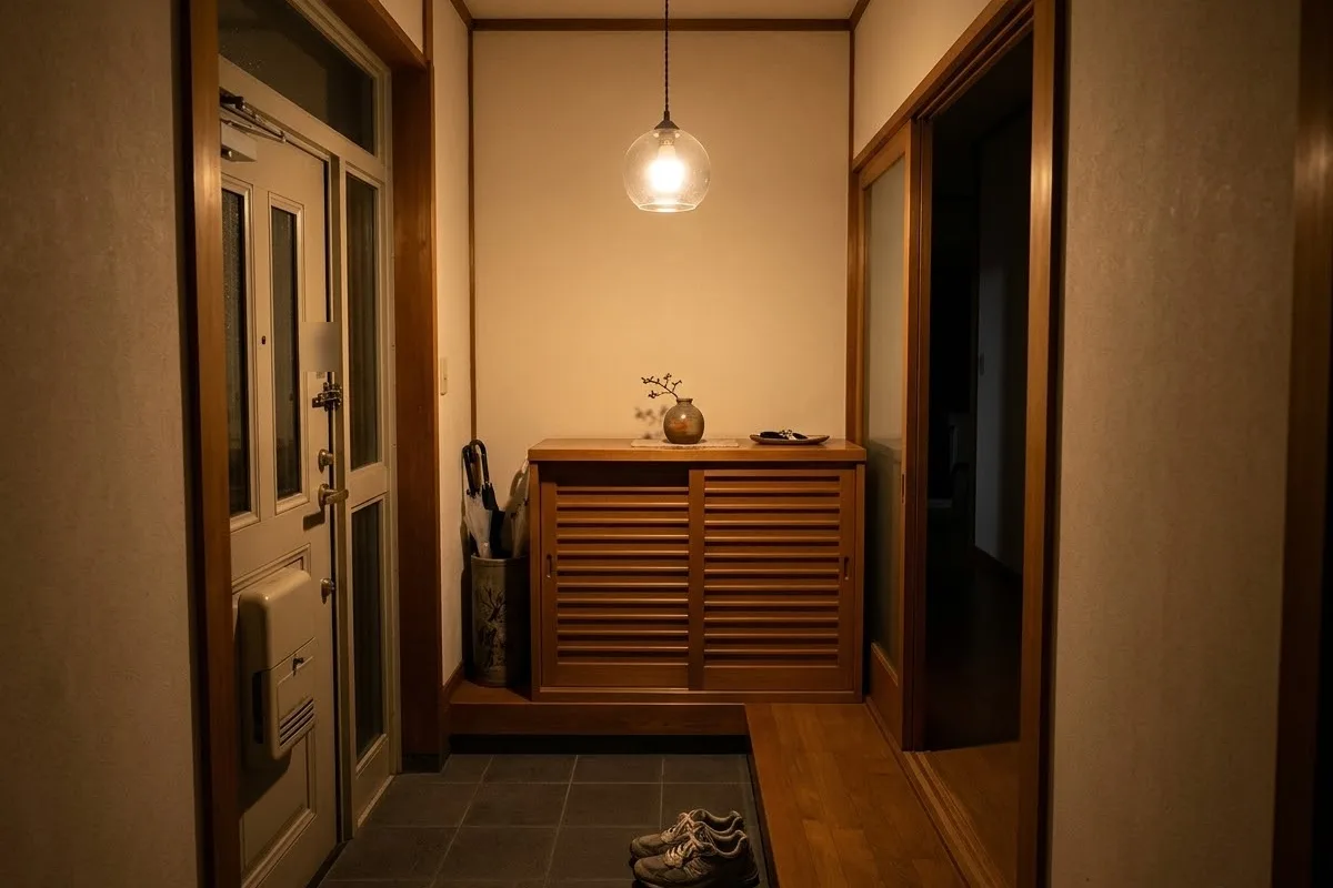 夜の玄関。天井から下がる小さな透明のガラスの球の笠の中に電球が1つ灯り、下駄箱と土間を照らしている