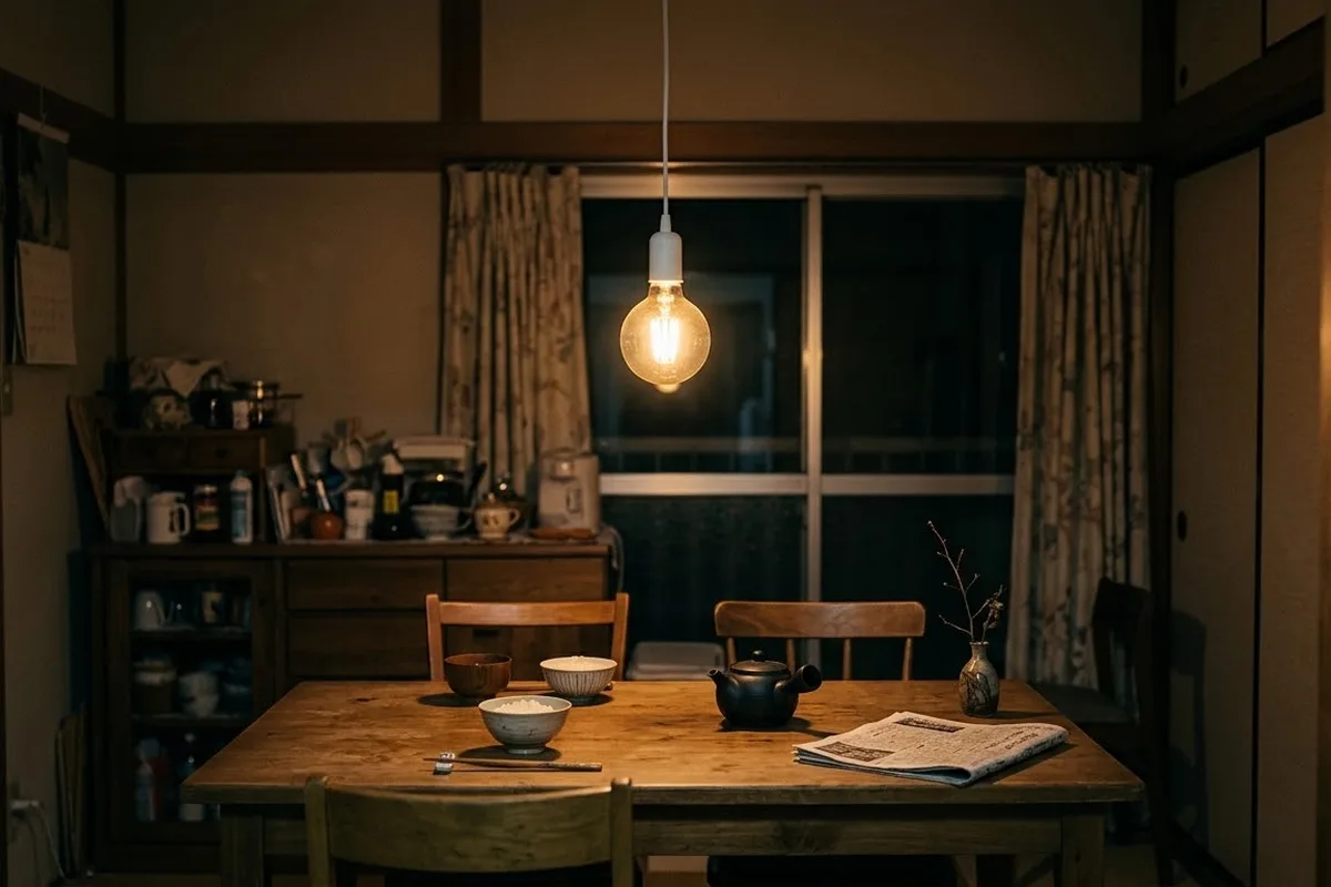 夜の食卓。天井から白いコードで下がった傘の無いソケットに、透明な大きいボール形のLEDフィラメント電球が1つ灯っている。木の食卓に茶碗と急須と新聞
