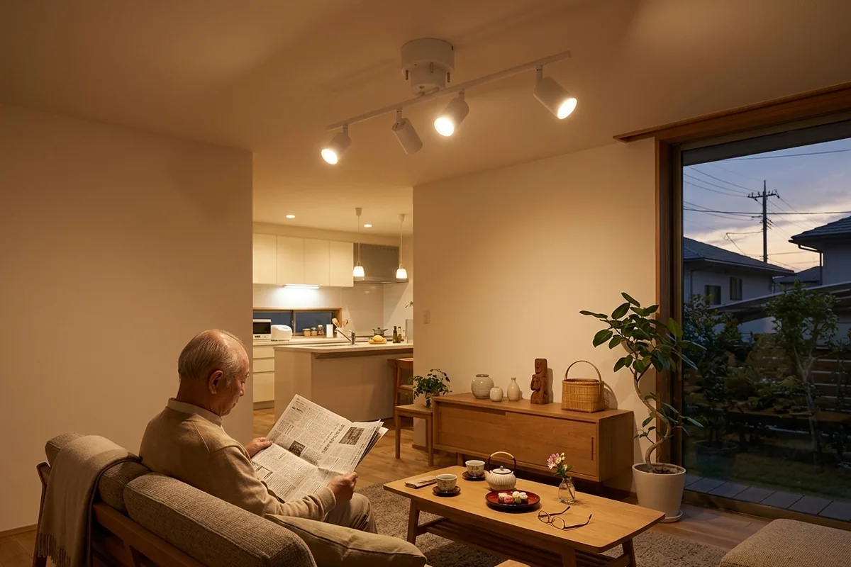 郊外の二世帯住宅の親世帯の居間。天井に白いバーと白い円筒のスポットが四灯並び、四つとも点いている。うす茶のカーディガンの父が新聞を広げる斜め後ろ姿、低いテーブルに急須と菓子器と老眼鏡