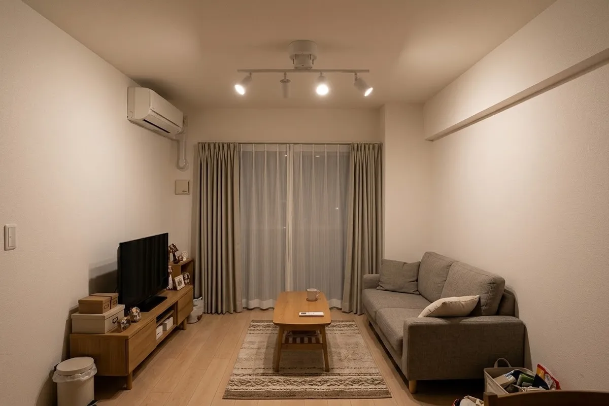夜の居間の天井に、1本の棒に筒形の灯具が4つ並んだ白いシーリングライトが付いている。ソファの前の低い机に白いリモコンとマグカップ