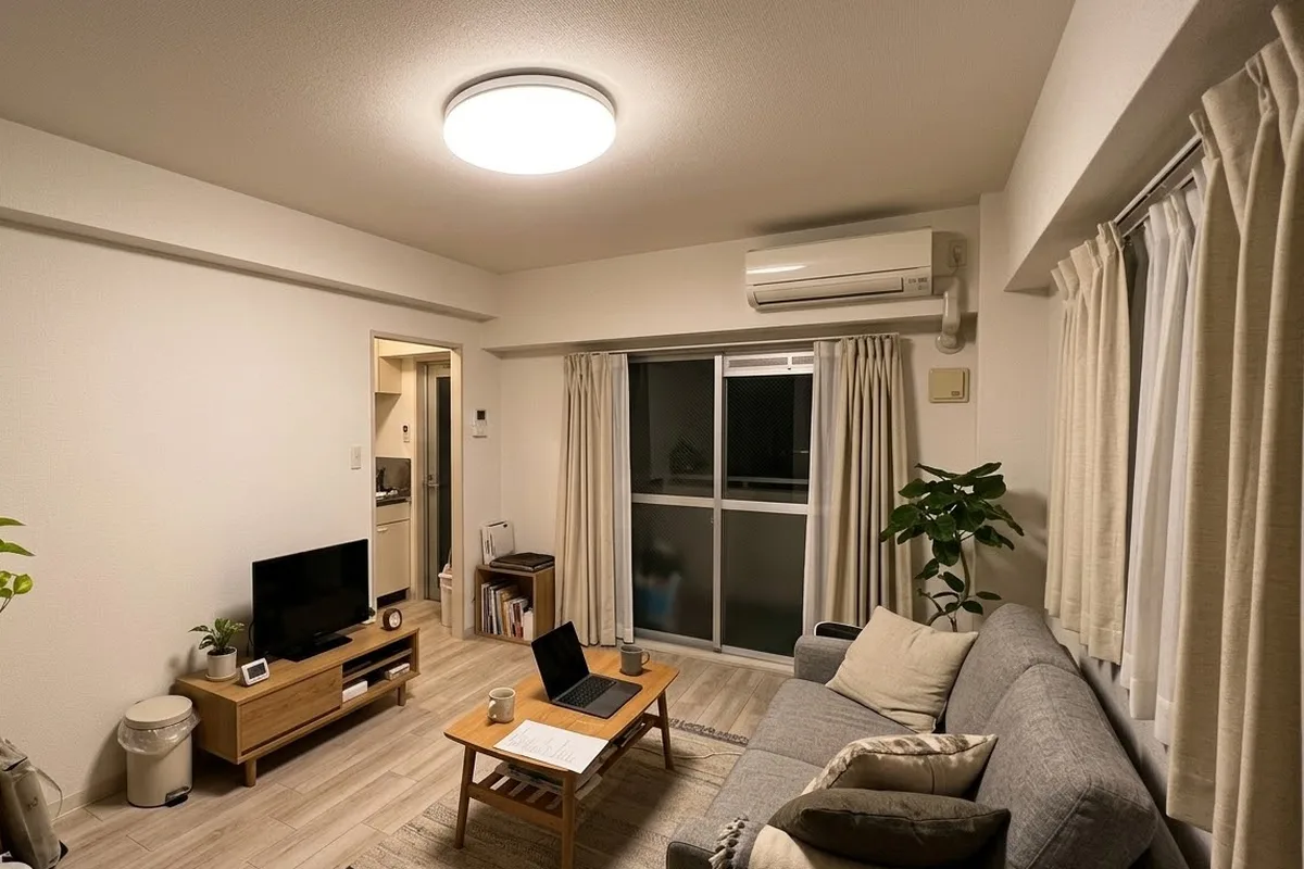 夜の賃貸マンションのリビング。白い壁と木目調の床、ソファとローテーブル、天井の中央に白く丸いシーリングライトが1台ついている