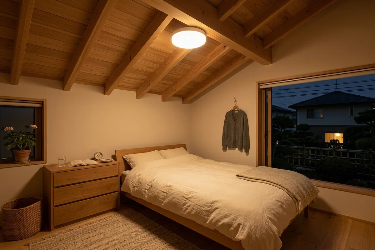 同じ平屋の寝る部屋。天井に取り皿ほどの白い小さな円盤が一灯だけ直付けされている。白いリネンのダブルベッド、低いチェストに水のグラスと開いた本、壁のフックにカーディガン、窓の外は郊外の夜