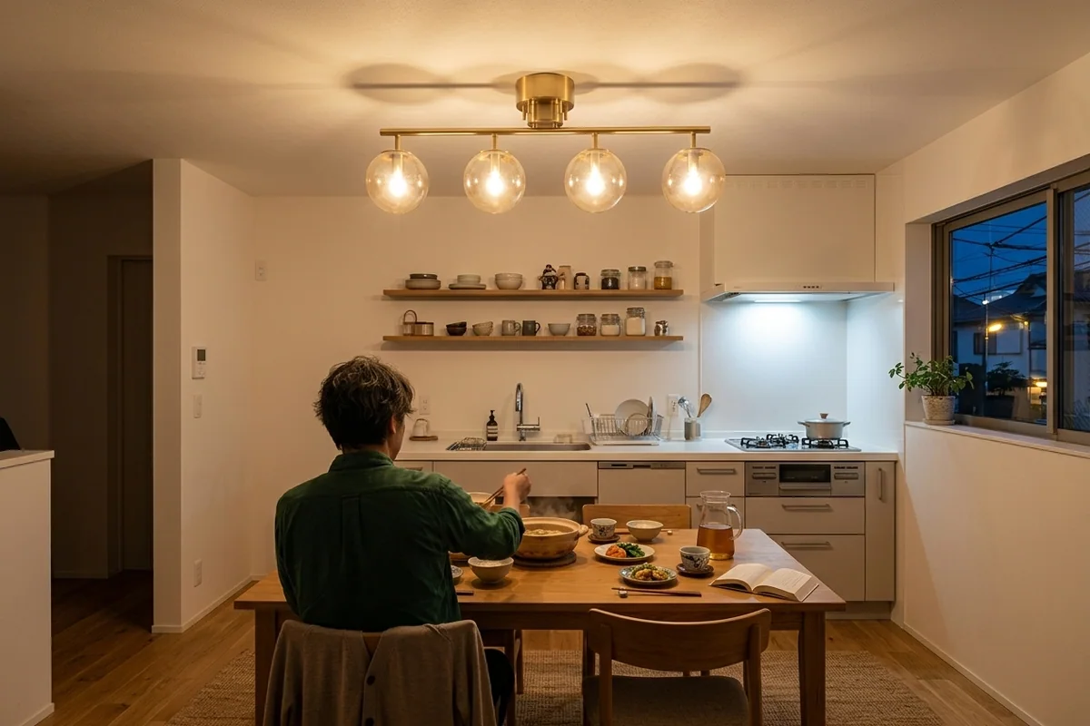 同じ家の二階の細長いLDK。天井に金属のバーと琥珀色のガラス球が四つ並ぶ器具が直付け。奥は流しから三口コンロまで一続きの台所。深緑のシャツの夫が背を向けて土鍋から取り分ける、湯気の立つ土鍋と取り皿