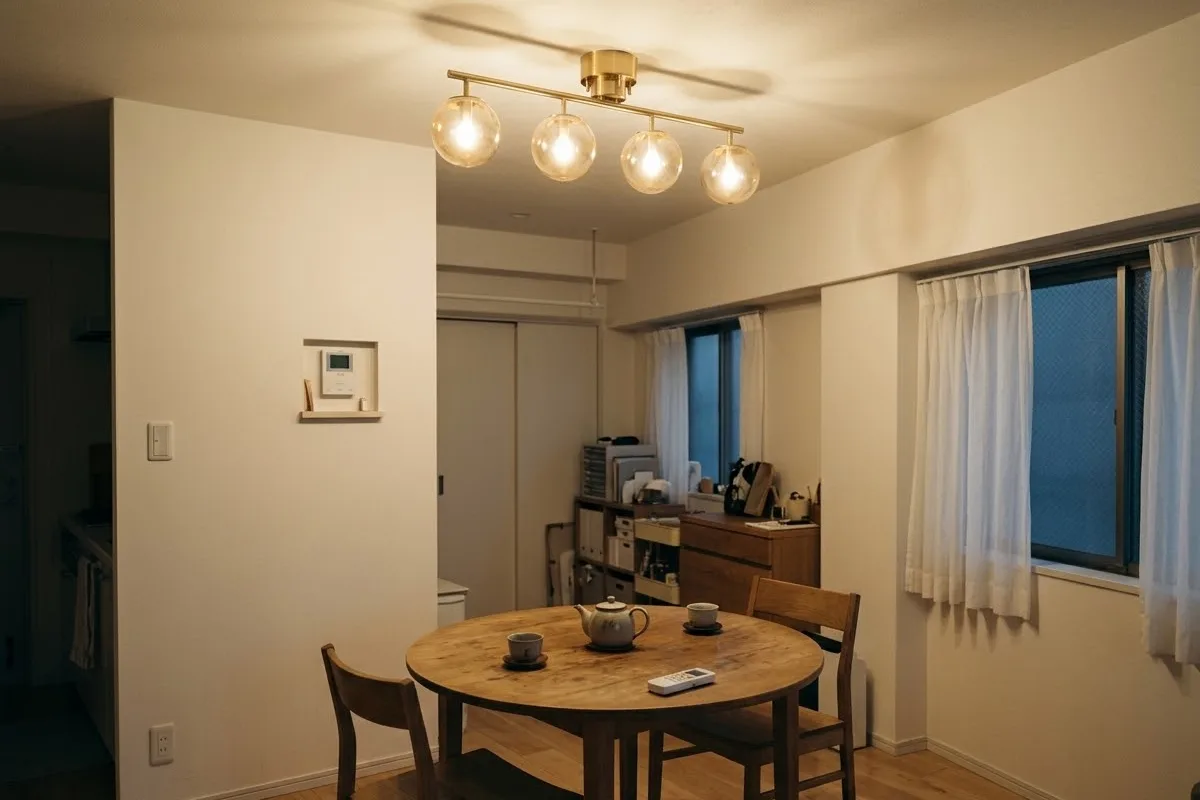 夕方の小さな食卓。天井の金色の棒にガラスの丸いかさが4つ並んだシーリングライトが灯り、丸い木のテーブルに急須と湯のみ、白いリモコン