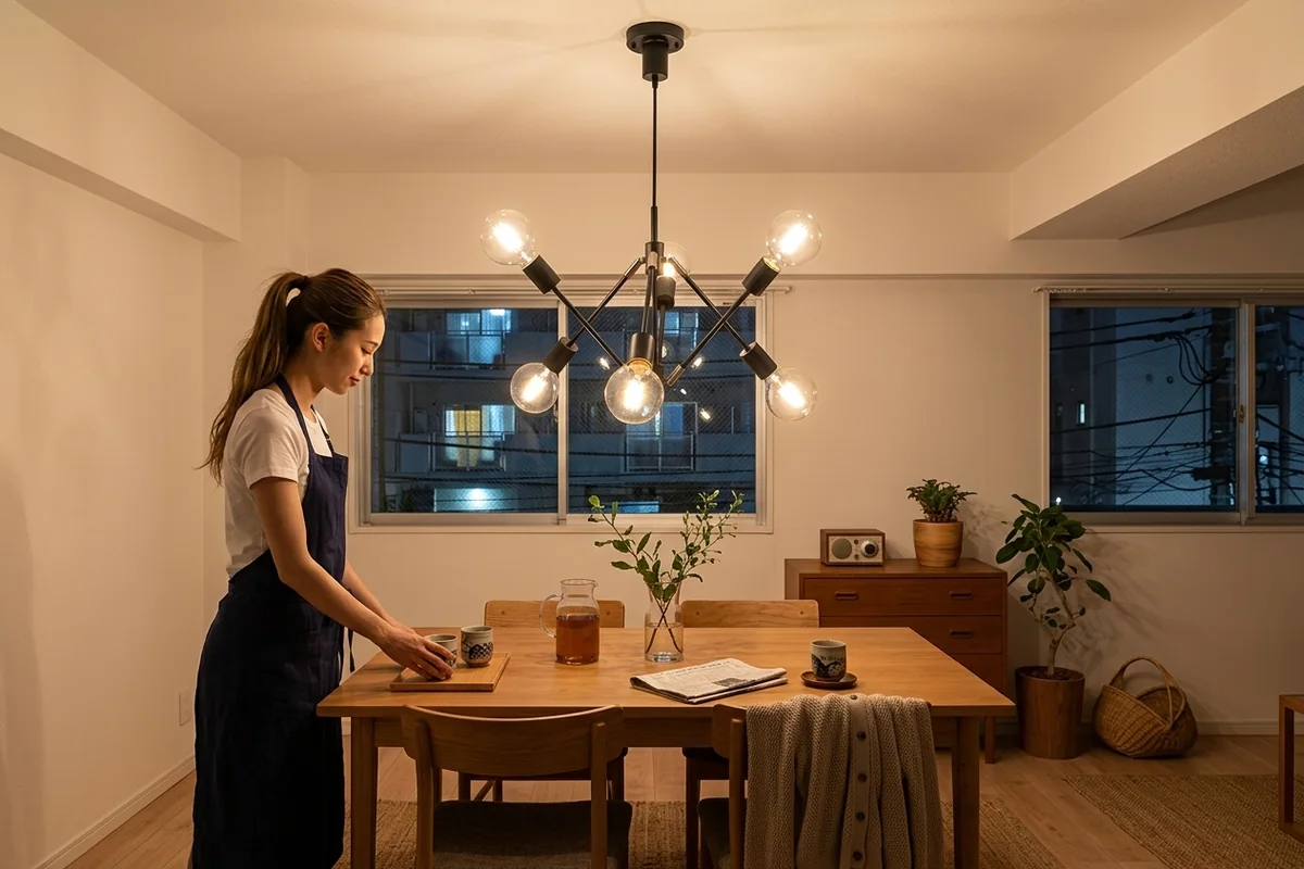 東京の賃貸マンションの居間の天井に、黒い腕が六本広がった6灯のシーリングライト。濃紺のエプロンで髪を高く束ねた女性が立って湯呑みを片づける横顔、木の食卓に麦茶のピッチャー、椅子の背にカーディガン