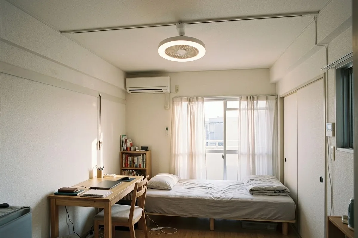 昼下がりの一人暮らしの部屋。天井を横切る白いレールに、白い輪の明かりの中に羽根のあるシーリングファンライトが付き、下に机とベッド