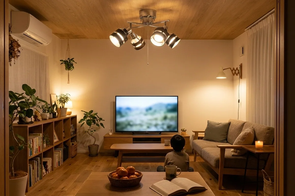 リビングダイニングの天井にスチールと天然木の四灯シーリングライト。テレビの前で床に座る子どもの後ろ姿、本棚、みかんの籠