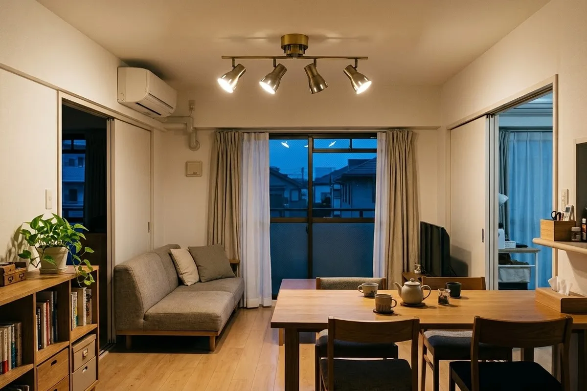 夕方の居間と食卓。天井の真ん中に、真鍮色の棒に4つの笠が並んだシーリングライトが付いていて、4灯とも点いている