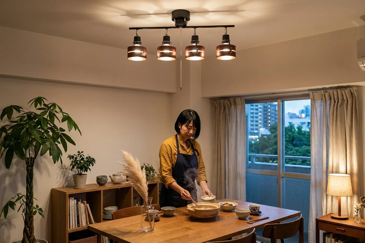 東京の中古マンションの食堂。天井に、細い横棒から木の帯を巻いた茶色の傘が四つ並んで下がるシーリングライト。辛子色のシャツに濃紺のエプロンの女性が、食卓の土鍋から取り皿へ取り分けている。すすきを挿したガラスの瓶、壁ぎわの本棚、窓辺の布の傘のランプ、窓の外に向かいのマンションの灯り