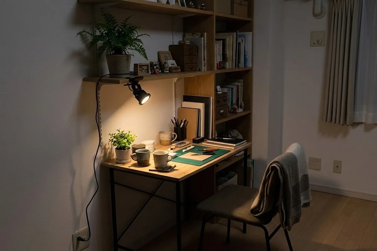 夜の部屋。棚板の縁に挟んだ黒いクリップライトが、下の机の植木鉢とマグカップを照らしている。部屋のほかの所は暗い