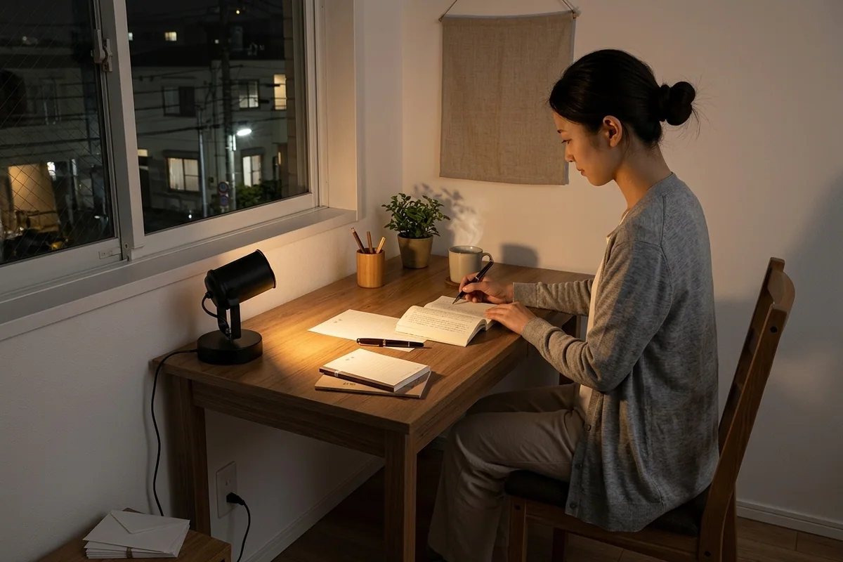同じ部屋の、机だけを置いた小さな洋室。木の机の端に黒い円筒の小さなランプ、台座からコードが壁のコンセントへ。グレーのカーディガンを羽織って手紙を書く斜め後ろ姿、便箋と万年筆と湯気のマグカップ