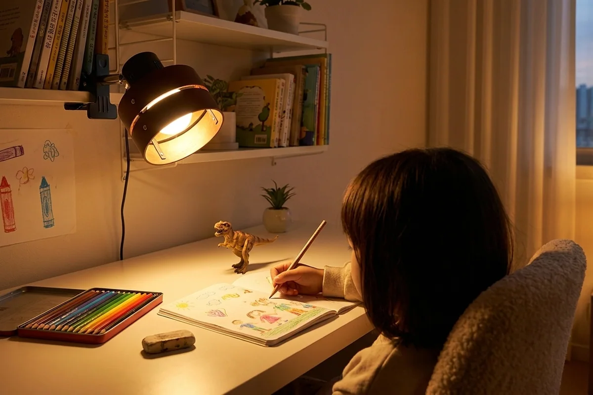 子ども部屋の本棚の棚板に、茶色いクリップライトを一つ挟んで机へ。開いたノートと色鉛筆、恐竜のおもちゃ、鉛筆を持つ子どもの背中