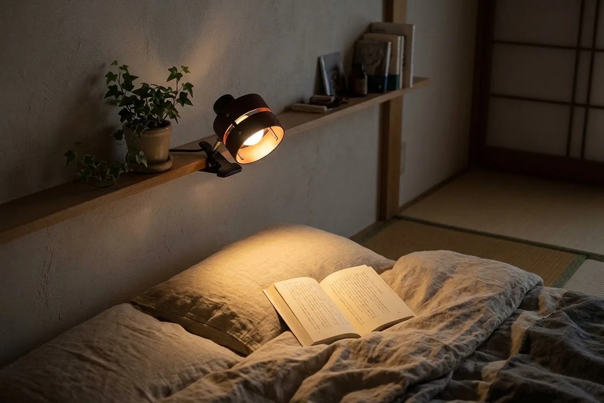 夜の和室の寝床。枕の上の壁の細い棚板の縁に、木の輪の笠のクリップライトが黒いクリップで留まり、枕の上に開いた本を照らしている