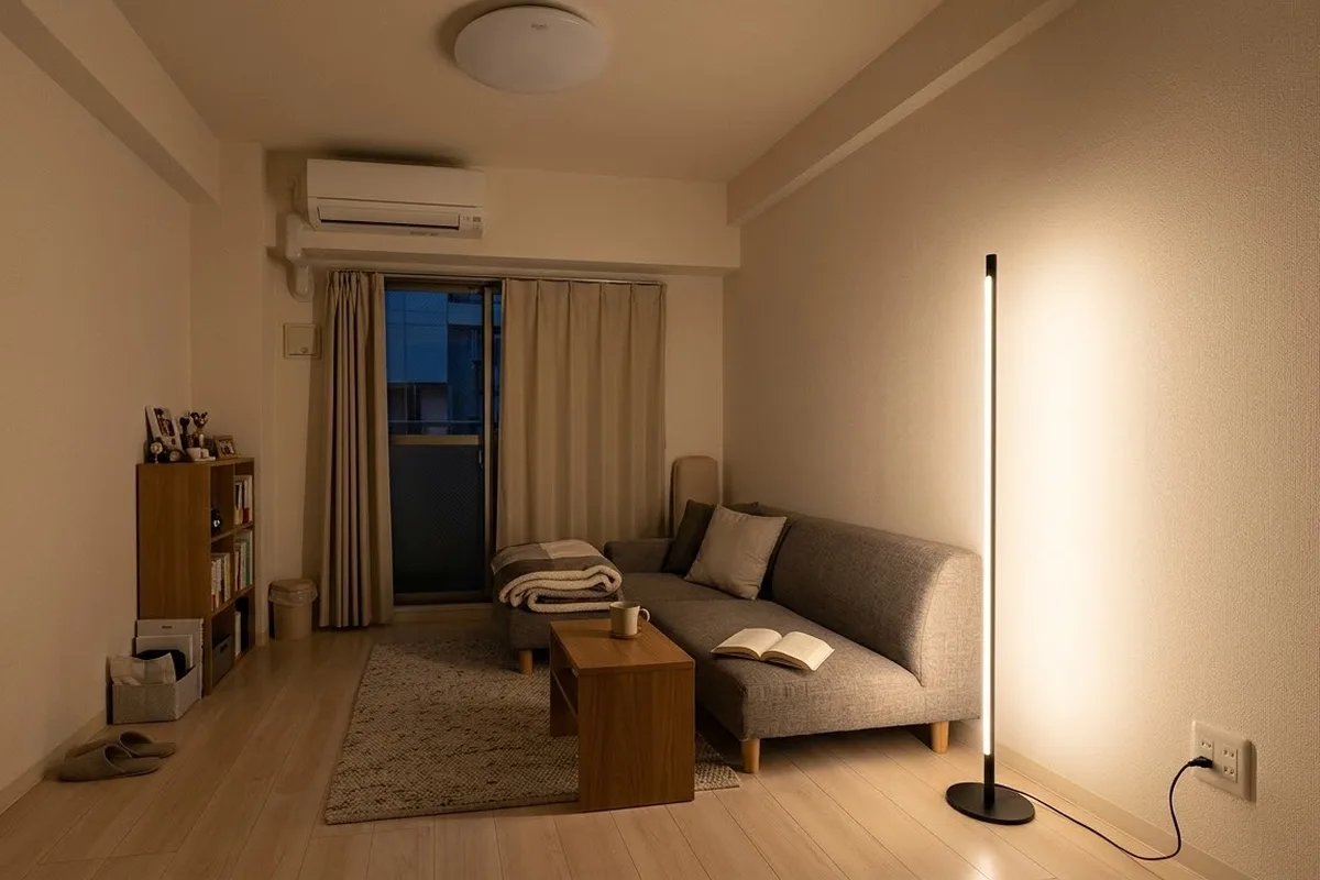 夜の賃貸の部屋。ソファの横の床に細い棒形のフロアライトが立ち、白い壁をあたたかく照らしている。天井の丸い照明は消えている