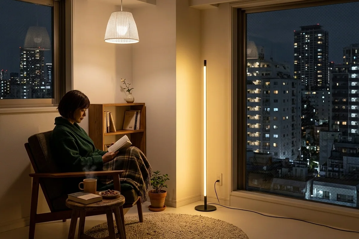同じ家の居間の隅。黒い細い棒のフロアライトが床に立って縦にまっすぐ光る。深緑のガウンを羽織り脚を組んで本を読む妻の横顔、スツールにマグカップと木の実の器、丸いラグと鉢植え