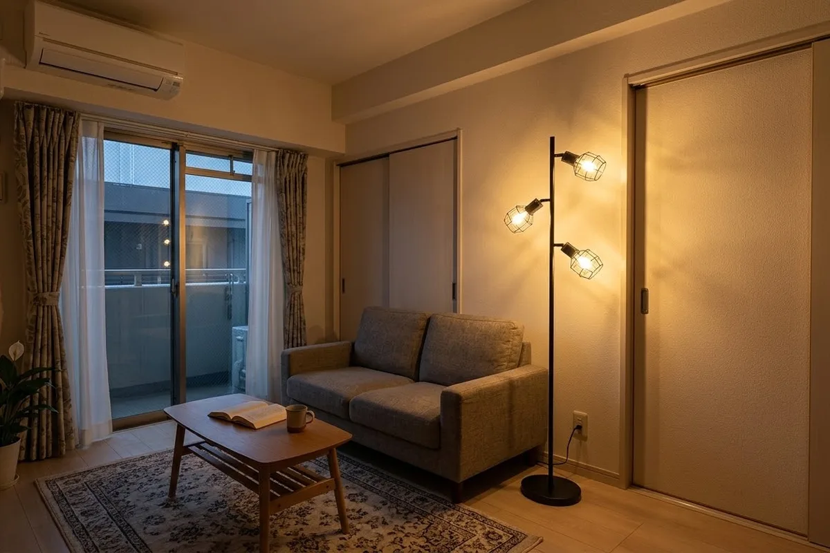 夕方の居間。ソファの横に黒い柱のフロアライトが立ち、針金のかごの笠に入った電球が3つ灯って、ソファと白い壁を照らしている