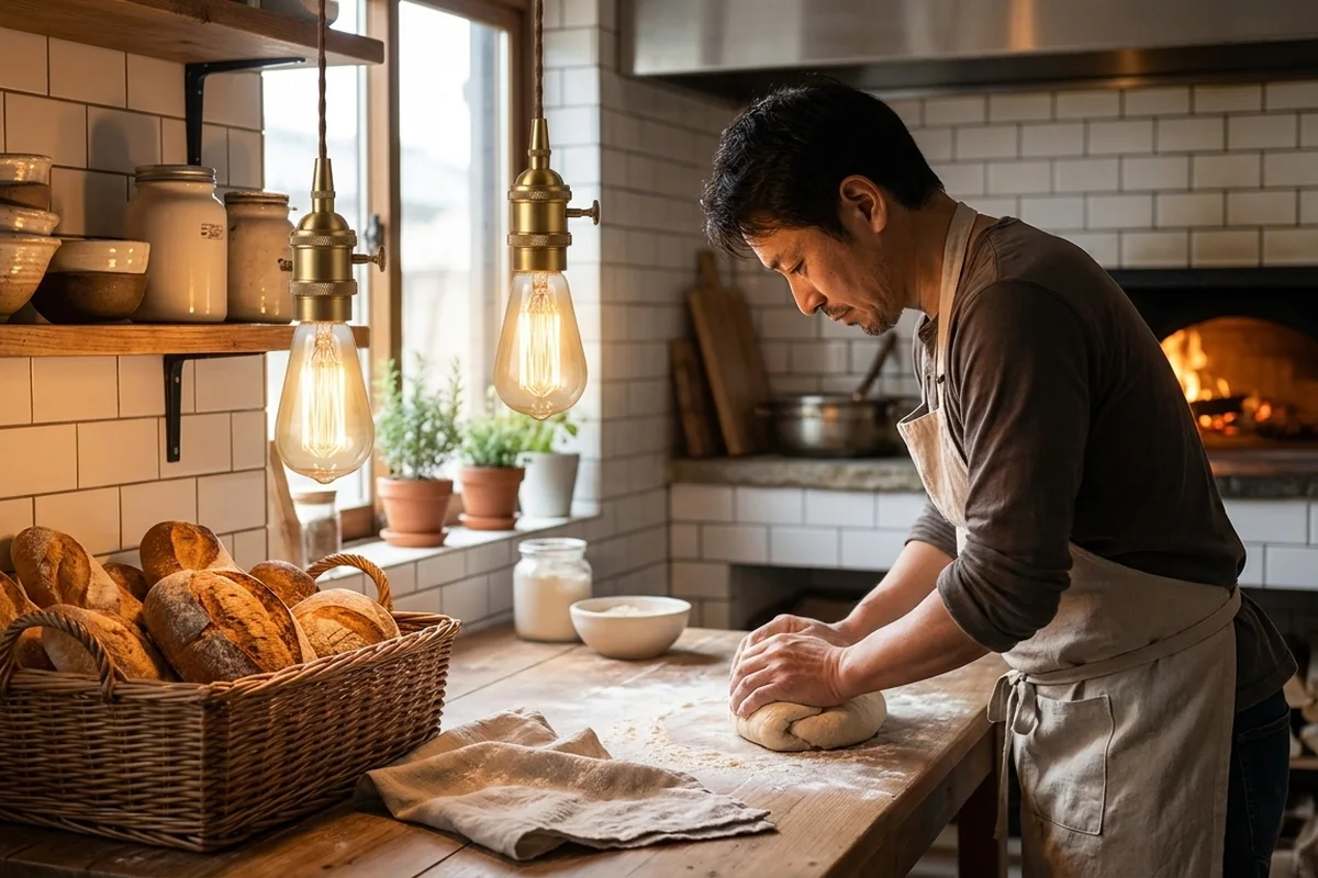 パン屋の木の作業台の上に、真鍮のソケットにフィラメント電球のペンダントを二灯。パンをこねる横顔、籠に並んだパン