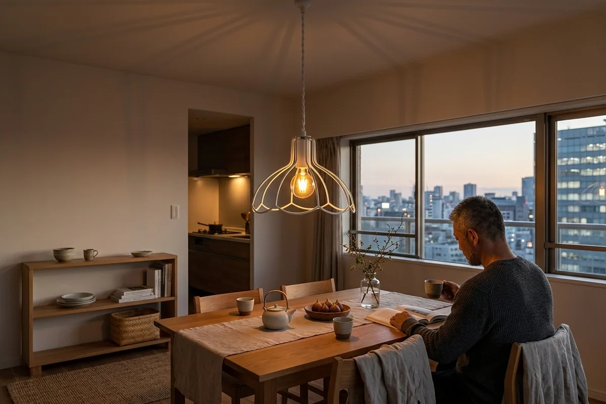 築二十年の中古マンションの八階の食卓。天井のただひとつの受け口から、白い針金の籠の傘のペンダントが一灯下がり、影が天井いっぱいに広がる。画面の端に肩から上だけ写るニット姿の夫、急須と無花果の器