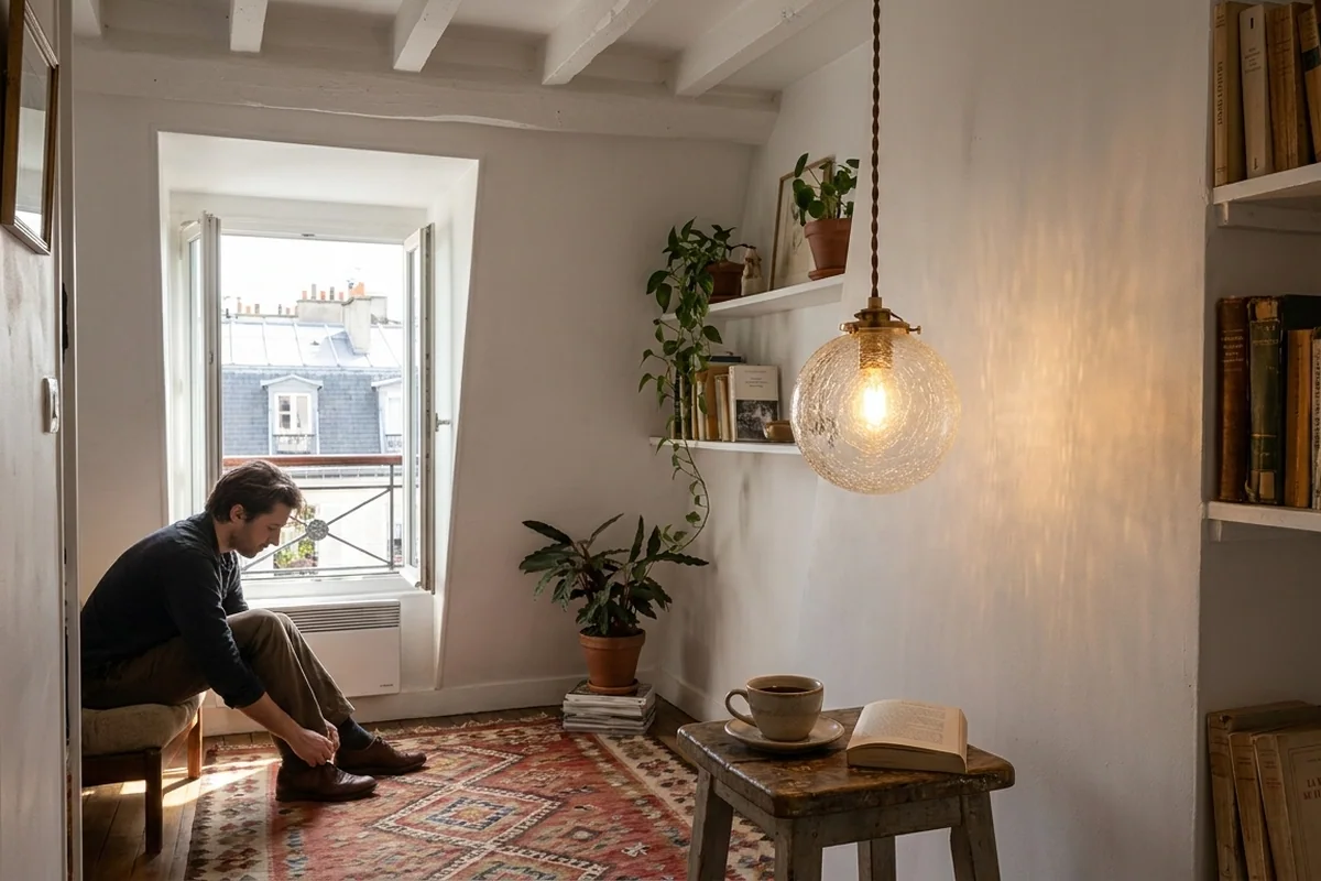 パリの屋根裏の居間。白い梁からねじった茶色のコードで、ひび模様のガラスの球のペンダントライトが一灯。屋根窓の下で靴を履く横顔、木のスツールにコーヒーと開いた本