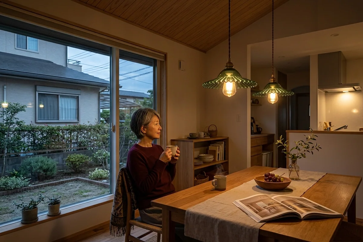 郊外に建てた平屋の勾配天井の下の食卓。濃い緑のガラスの波形の傘のペンダントが二灯、同じ高さに並ぶ。えんじ色のセーターの妻がマグカップを持って窓の外を見ている横顔、葡萄の器と開いた雑誌