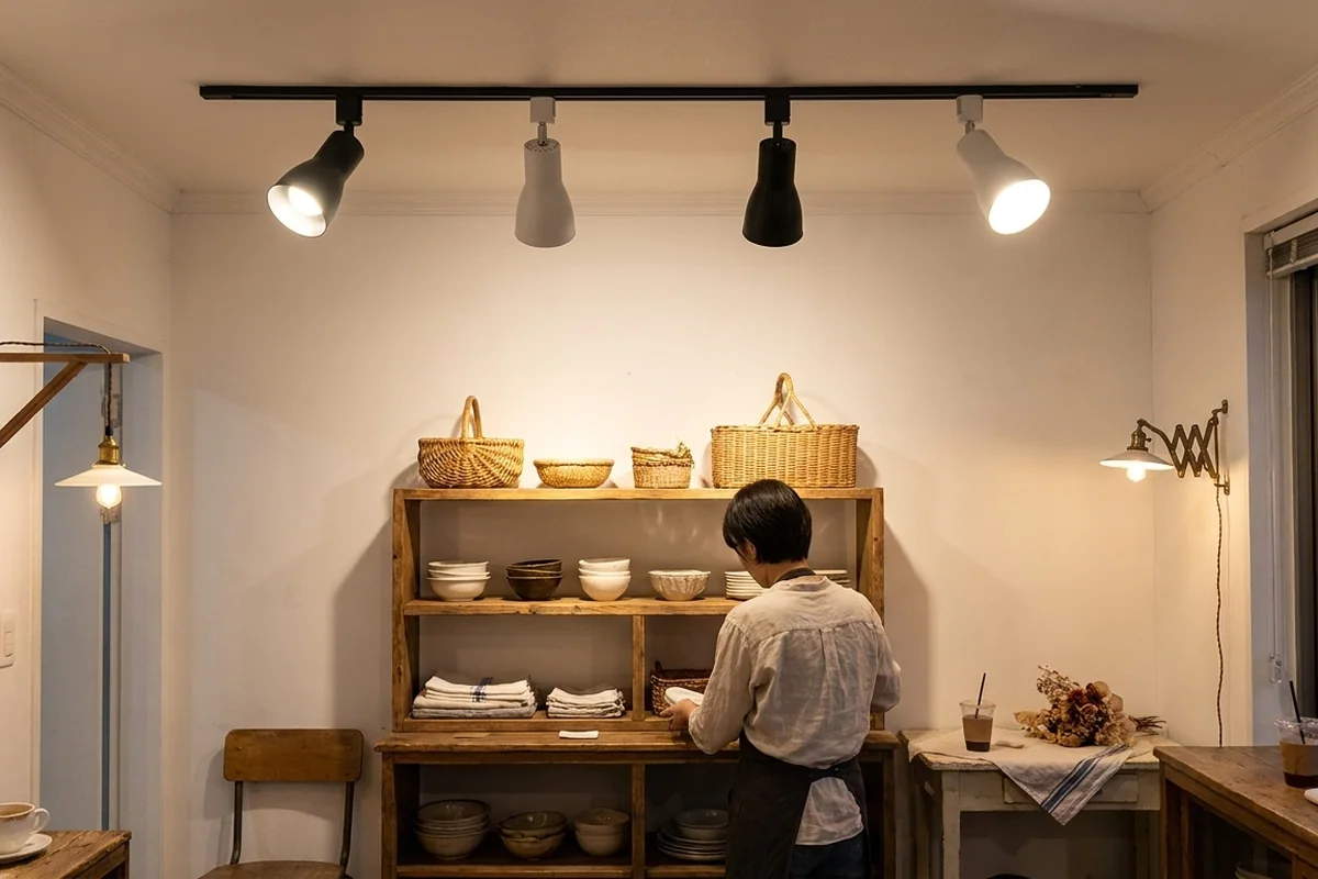 小さな雑貨店の天井の黒いダクトレールに、スポットライトを四灯。木の棚に並んだ器と籠と布、棚を整える店主の後ろ姿