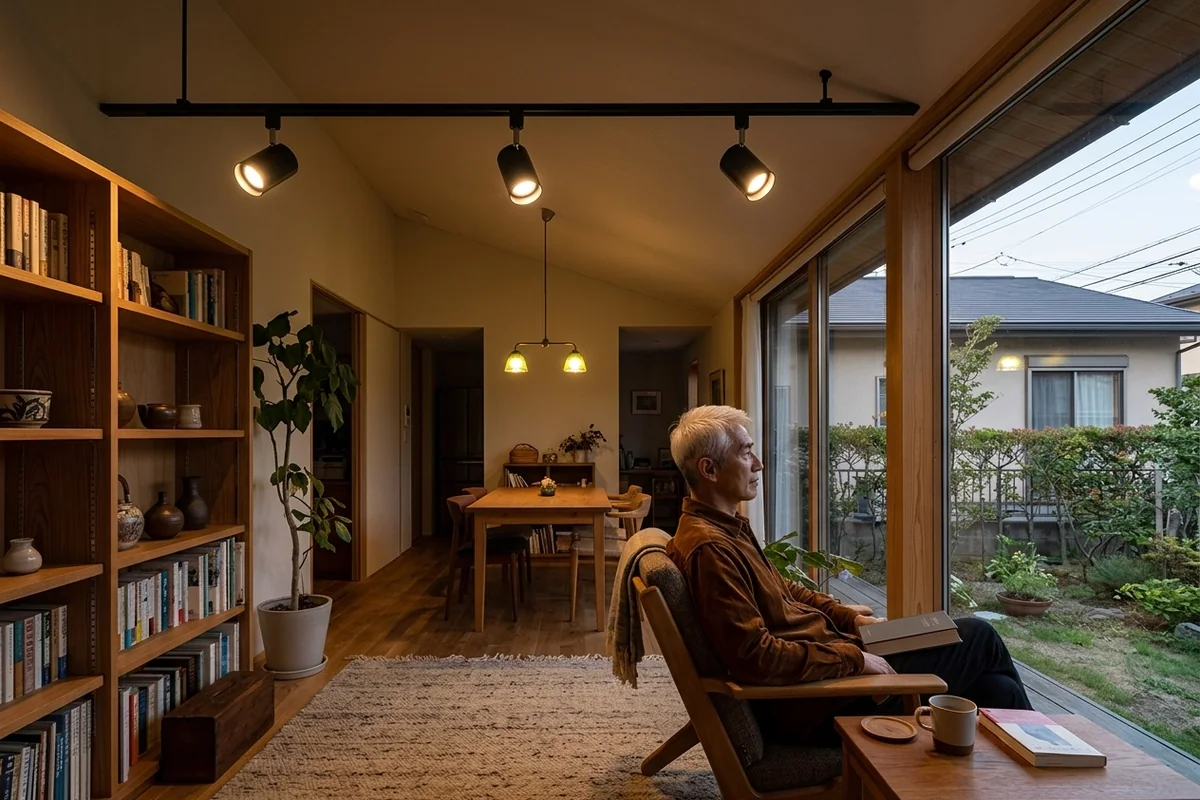 同じ平屋の居間。勾配に沿って流した黒いレールに黒い円筒のスポットが三灯、本棚と床のラグと窓ぎわの椅子に向く。コーデュロイのシャツの夫が庭を眺める横顔、膝の本は閉じたまま、奥の食卓に緑の傘の灯り