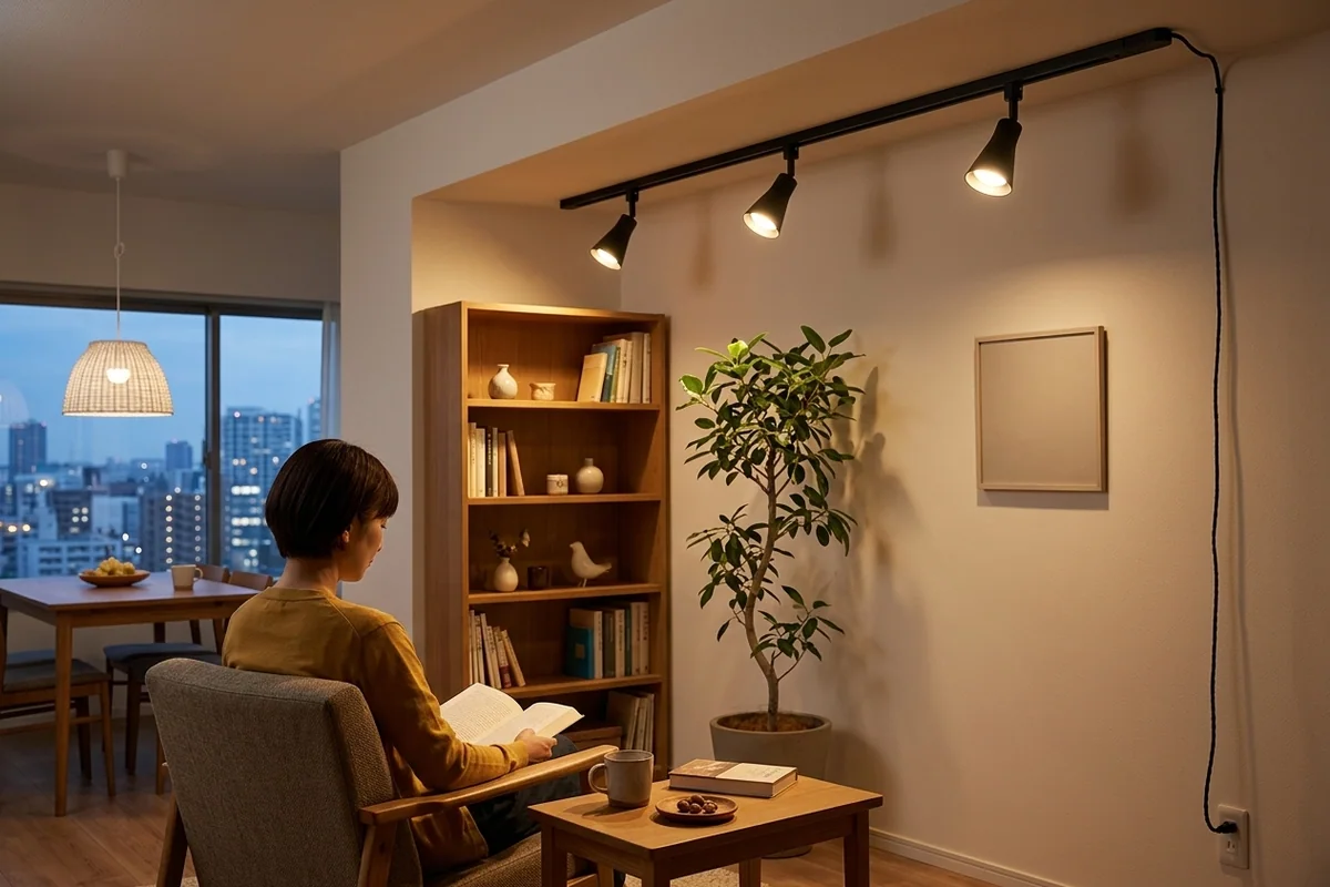 同じ家の居間。壁ぎわの天井に渡した黒いレールに、円錐形の黒いスポットが三灯。辛子色のカーディガンの妻が背を向けて椅子に座り膝に本、サイドテーブルにマグカップ、奥の食卓には籠の傘の灯り