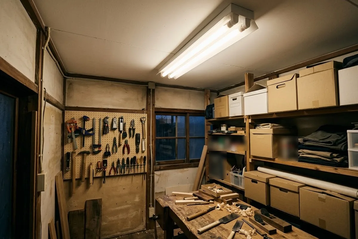夕方の小さな作業部屋。白い天井に、管が2本並んだ逆富士型の器具が直に付いて灯り、作業台と工具の壁と段ボールの棚を照らしている