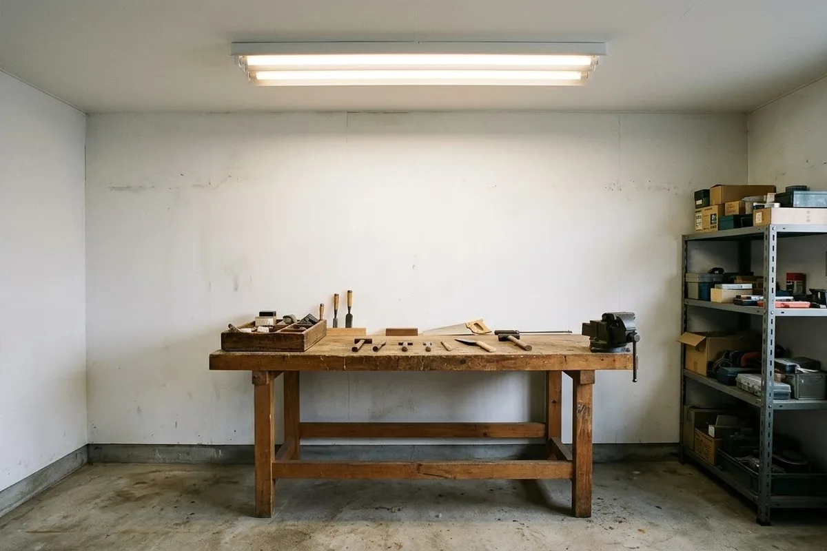 作業場の木の作業台の真上の天井に、白い笠の付いた直管2本の器具が付いている。電球色の光が台の上の道具を照らしている