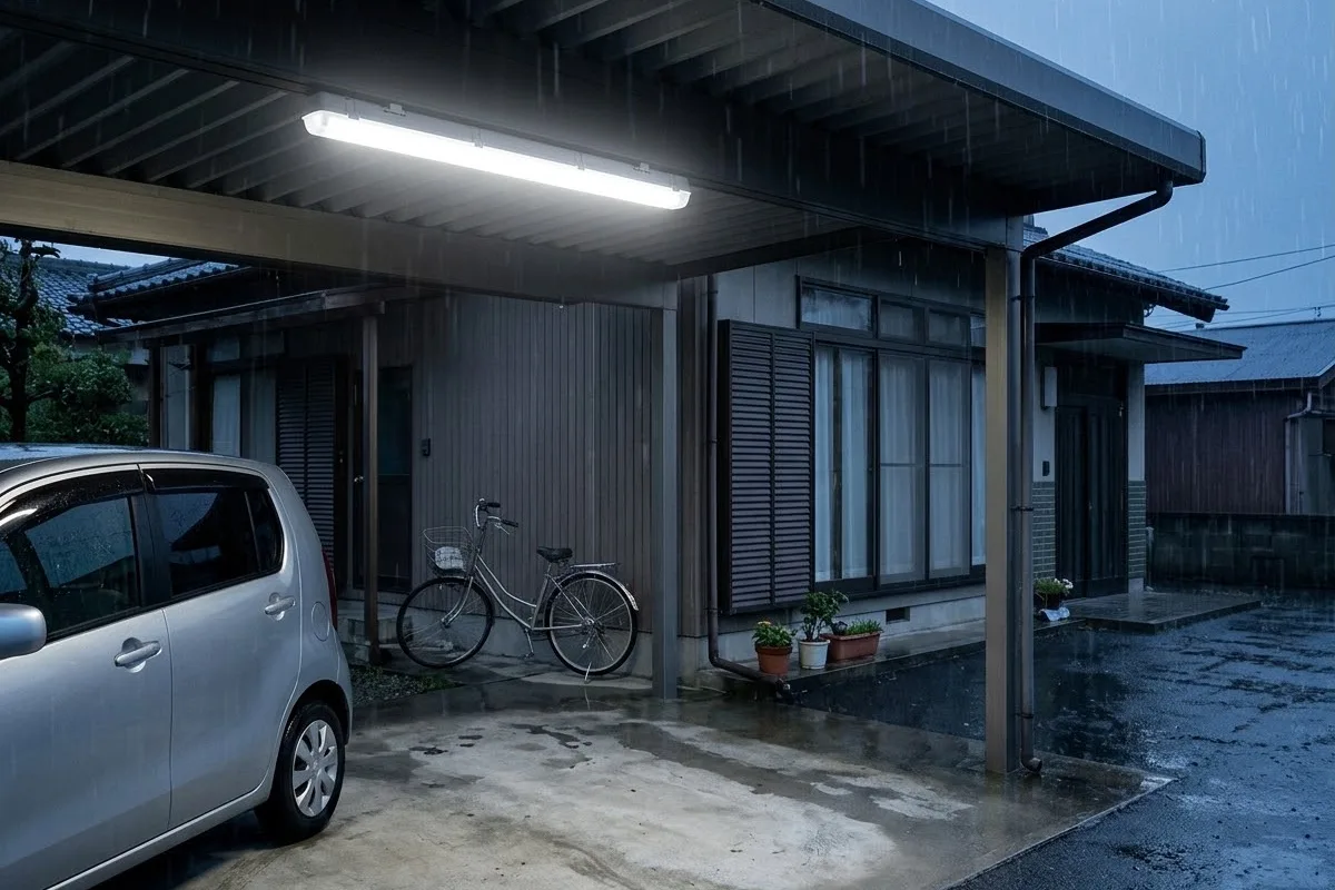 雨の夜、家の横の屋根付きの駐車場。軒の下に灰色の細長い防雨の器具が1台付き、白い光が濡れた床と自転車を照らしている