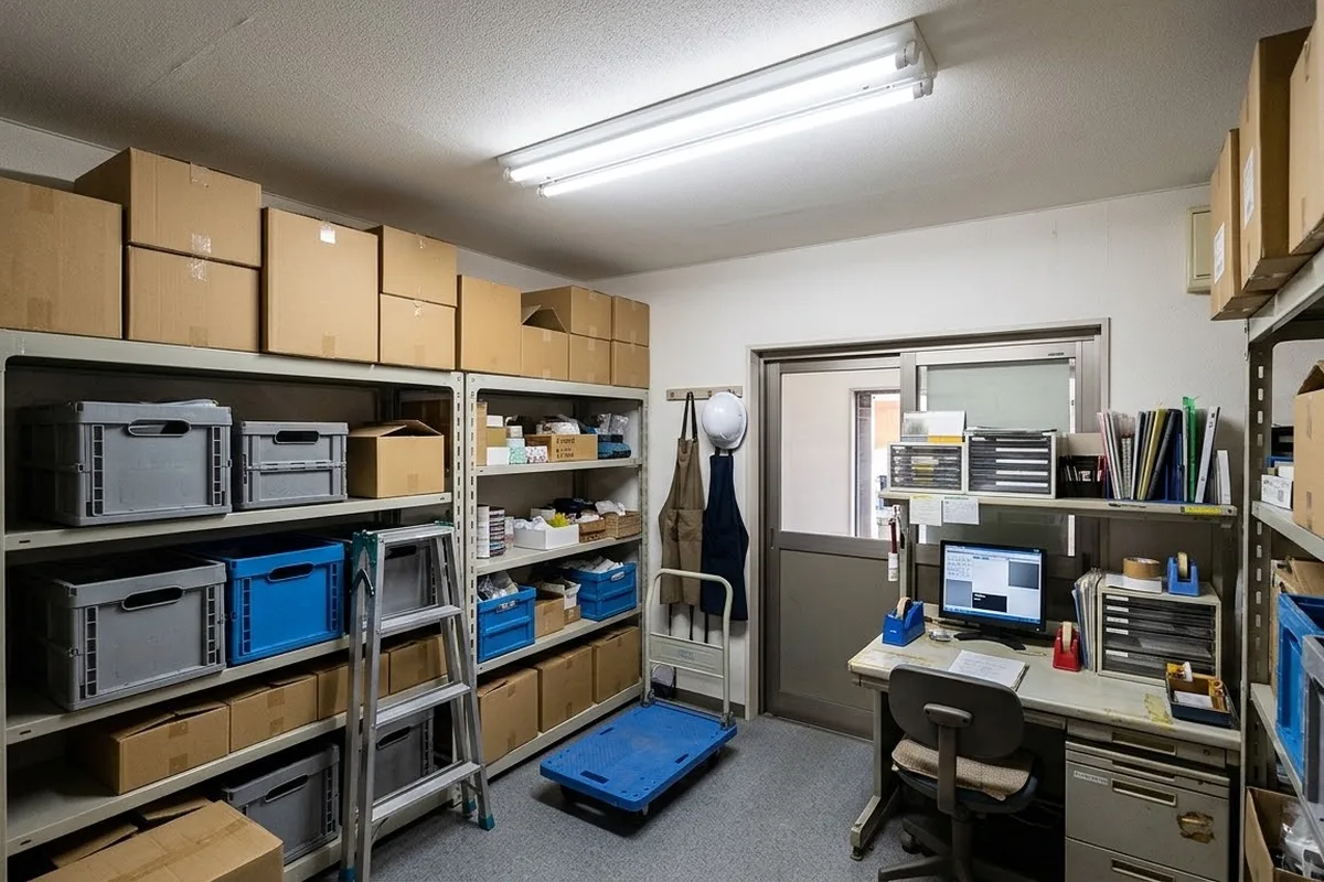 店のバックヤードの天井に、直管LEDが2本入った器具。棚の段ボールと机の上が白い光で照らされている