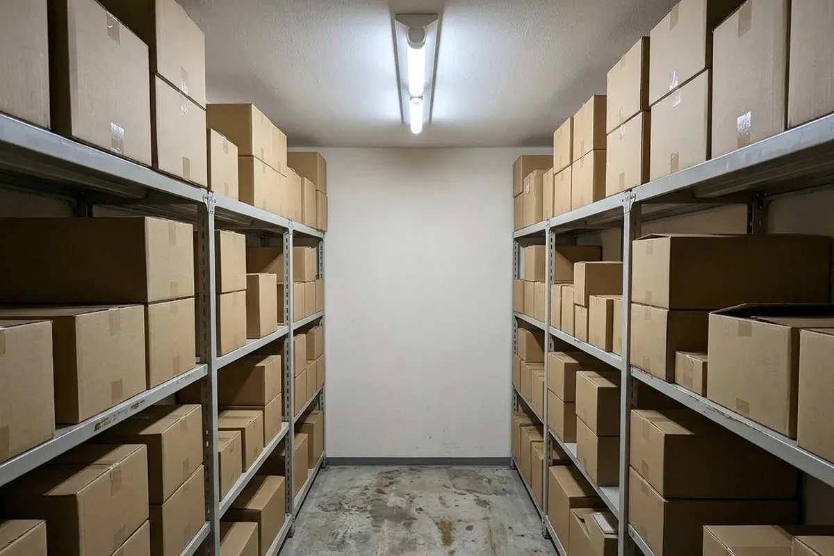 段ボール箱を載せた棚が両側に並ぶ倉庫の通路。天井の直管の器具が1台、昼光色で灯っている